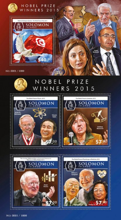 Соломоновы о-ва, 2015. (slm15512) Нобелевские лауреаты (мл+блок)  