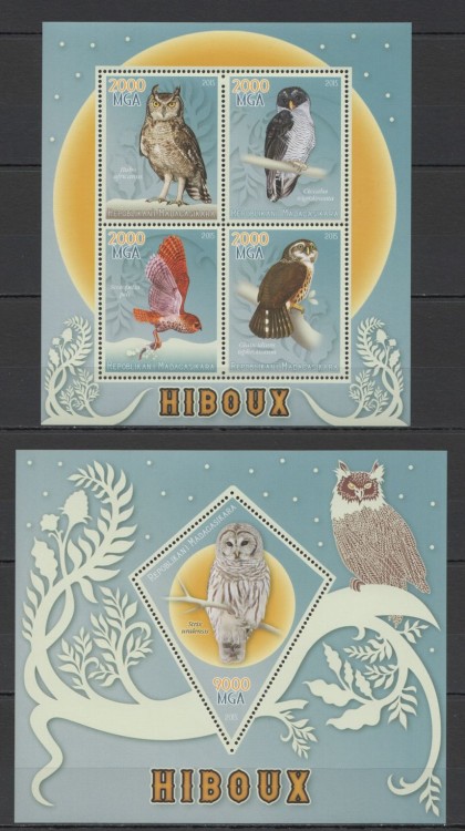 Мадагаскар, 2015. Птицы, совы (мл+блок) 