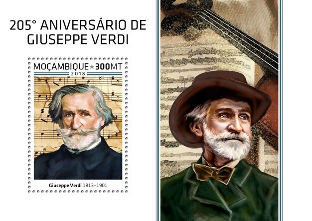 Мозамбик, 2018. (moz18510) Великие композиторы - Джузеппе Верди (мл+блок)