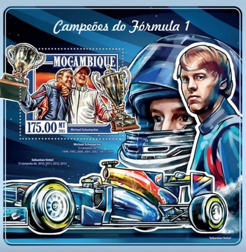 Мозамбик, 2015. (15116) Автогонщики Формулы-1 (мл+блок) 