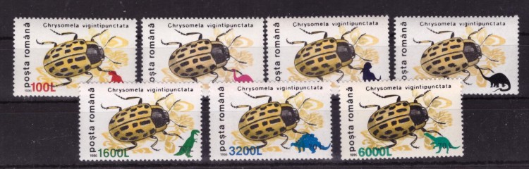 Румыния, 1999. Насекомые, жуки (надпечатки - динозавры)