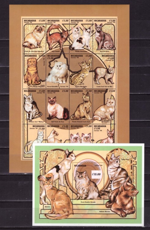 Никарагуа, 1994. Фауна, кошки (мл+блок) 