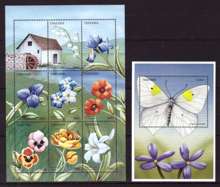 Танзания, 1999. Насекомые, бабочки, цветы (мл+блок)