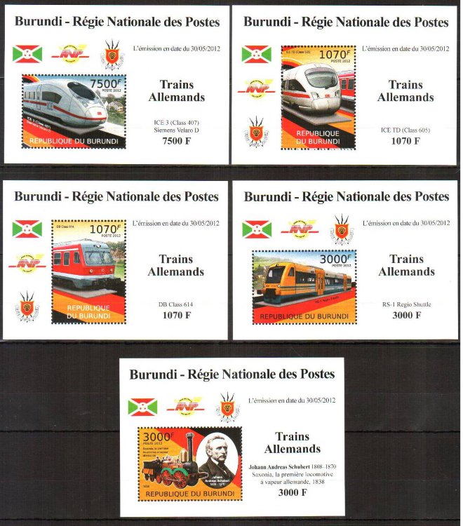 Бурунди, 2012. (bc12478) История транспорта, скоростные поезда Германии (5 люкс-блоков)