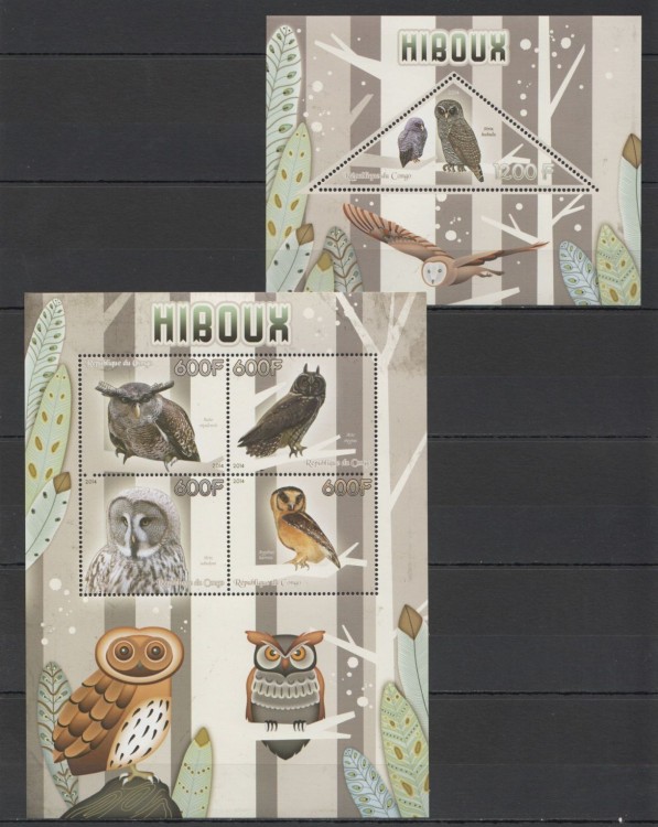 Конго, 2014. Птицы, совы (мл+блок)
