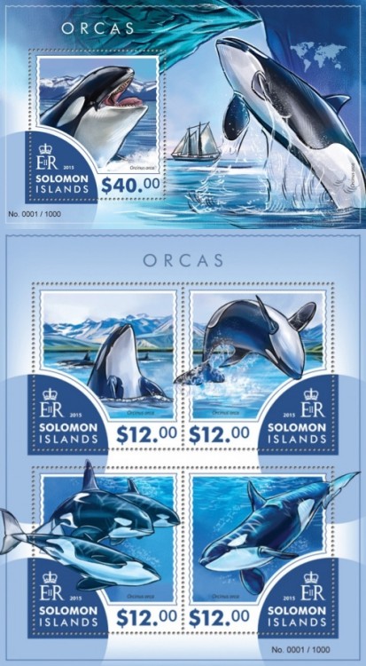 Соломоновы о-ва, 2015. (slm15410) Морская фауна, касатки (мл+блок)