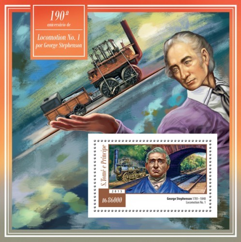 Сан-Томе, 2015. (15116) Локомотивы, Джордж Стефенсон (мл+блок)